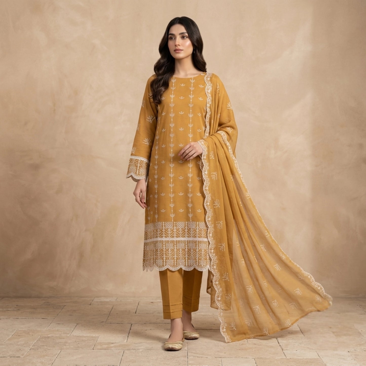 Golden Honey Embroidered Lawn Suit Chiffon Dupatta – 3pc Unstitched