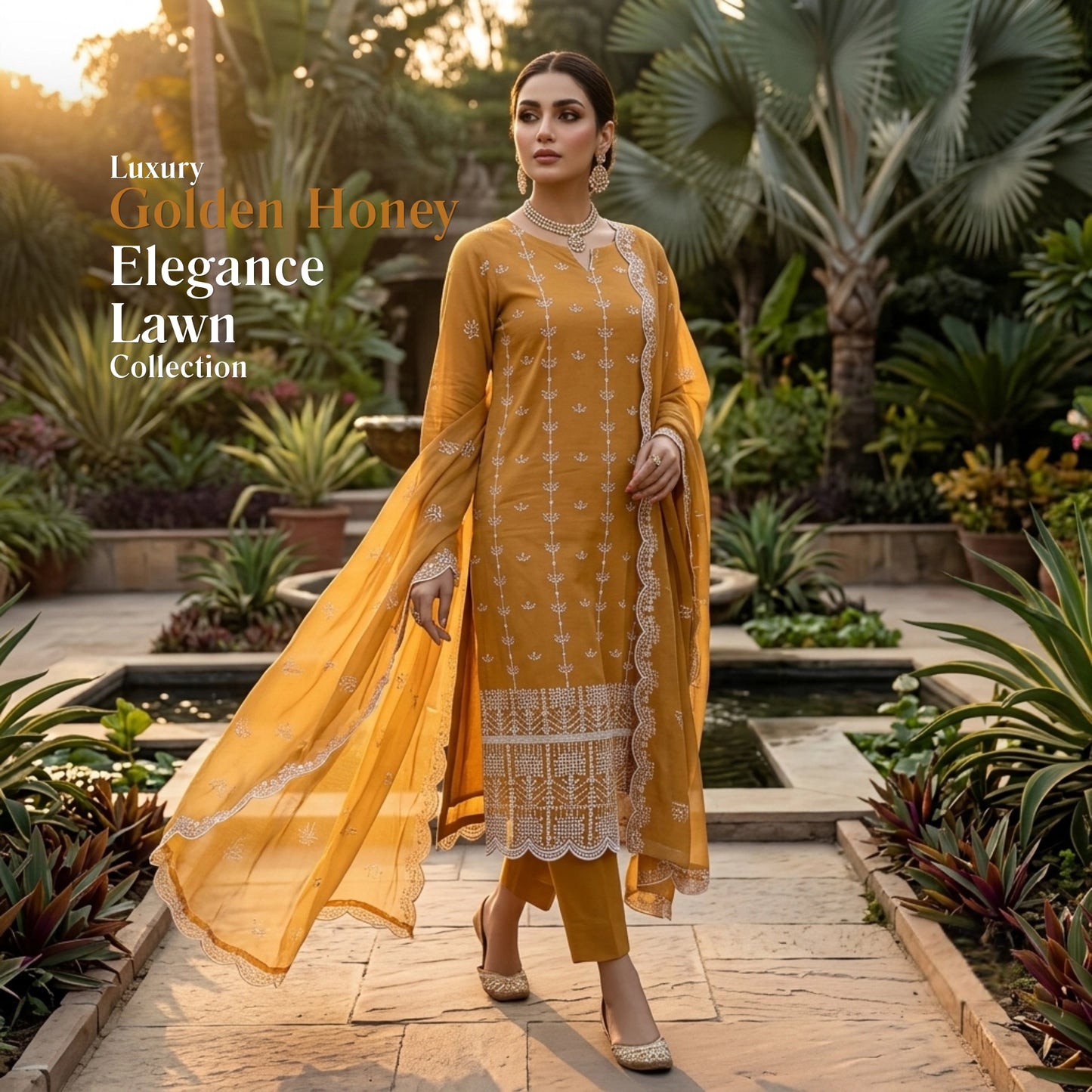 Golden Honey Embroidered Lawn Suit Chiffon Dupatta – 3pc Unstitched