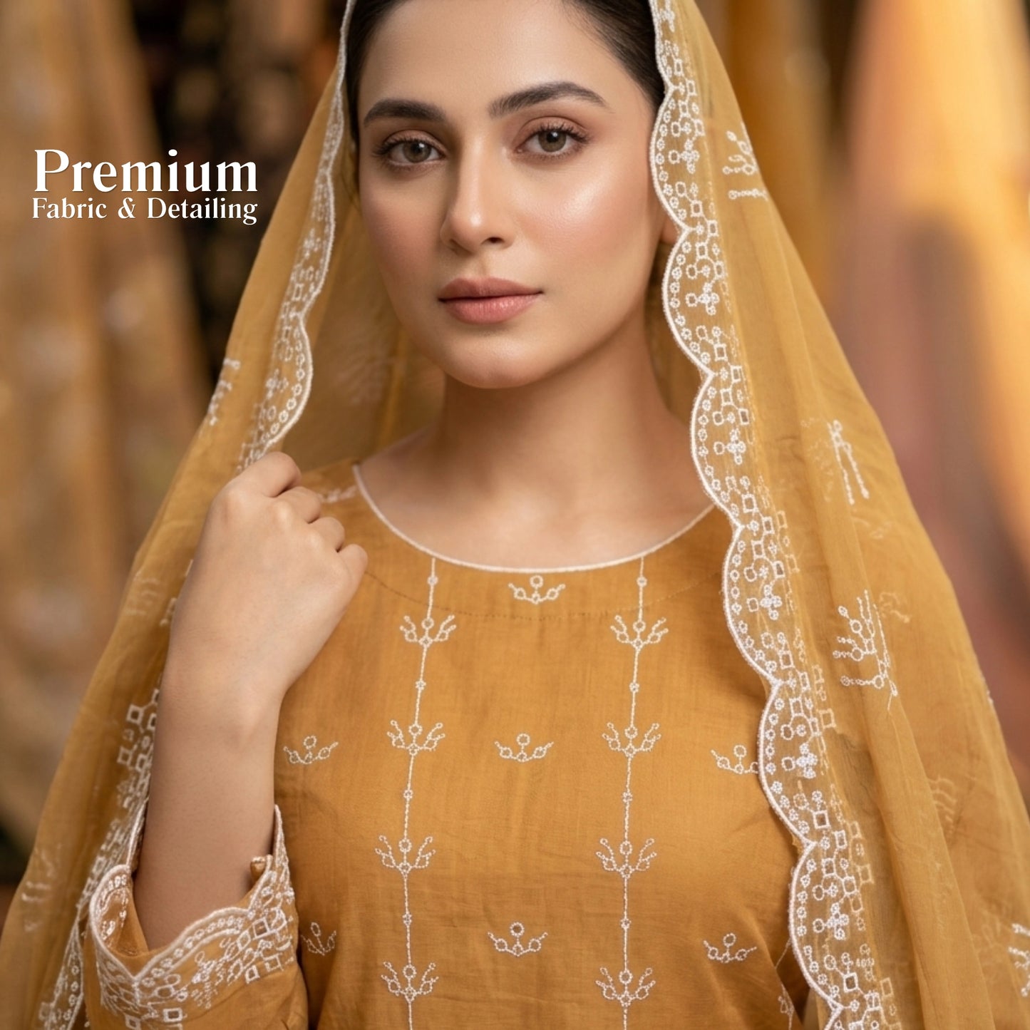 Golden Honey Embroidered Lawn Suit Chiffon Dupatta – 3pc Unstitched