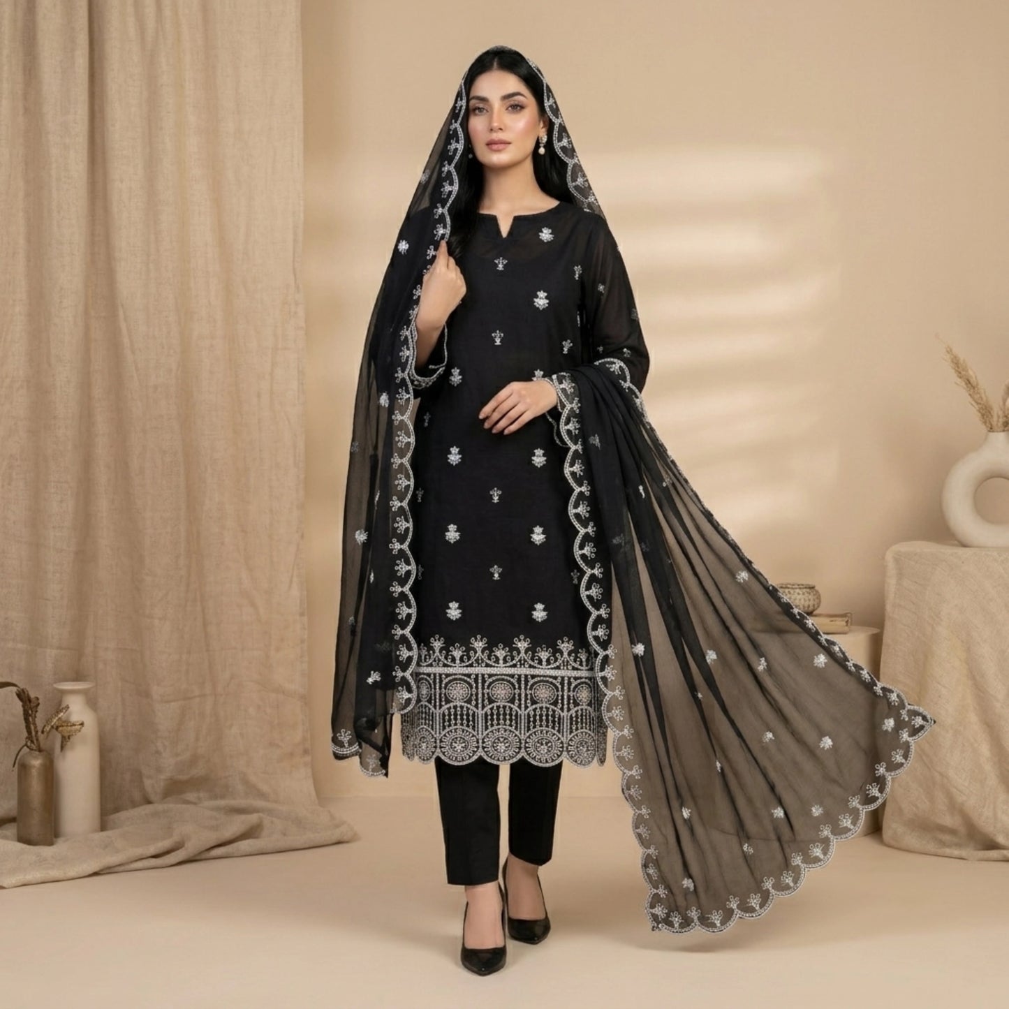 Midnight Noir Elegance Black Embroidered Lawn Suit Chiffon Dupatta – 3 Piece Unstitched