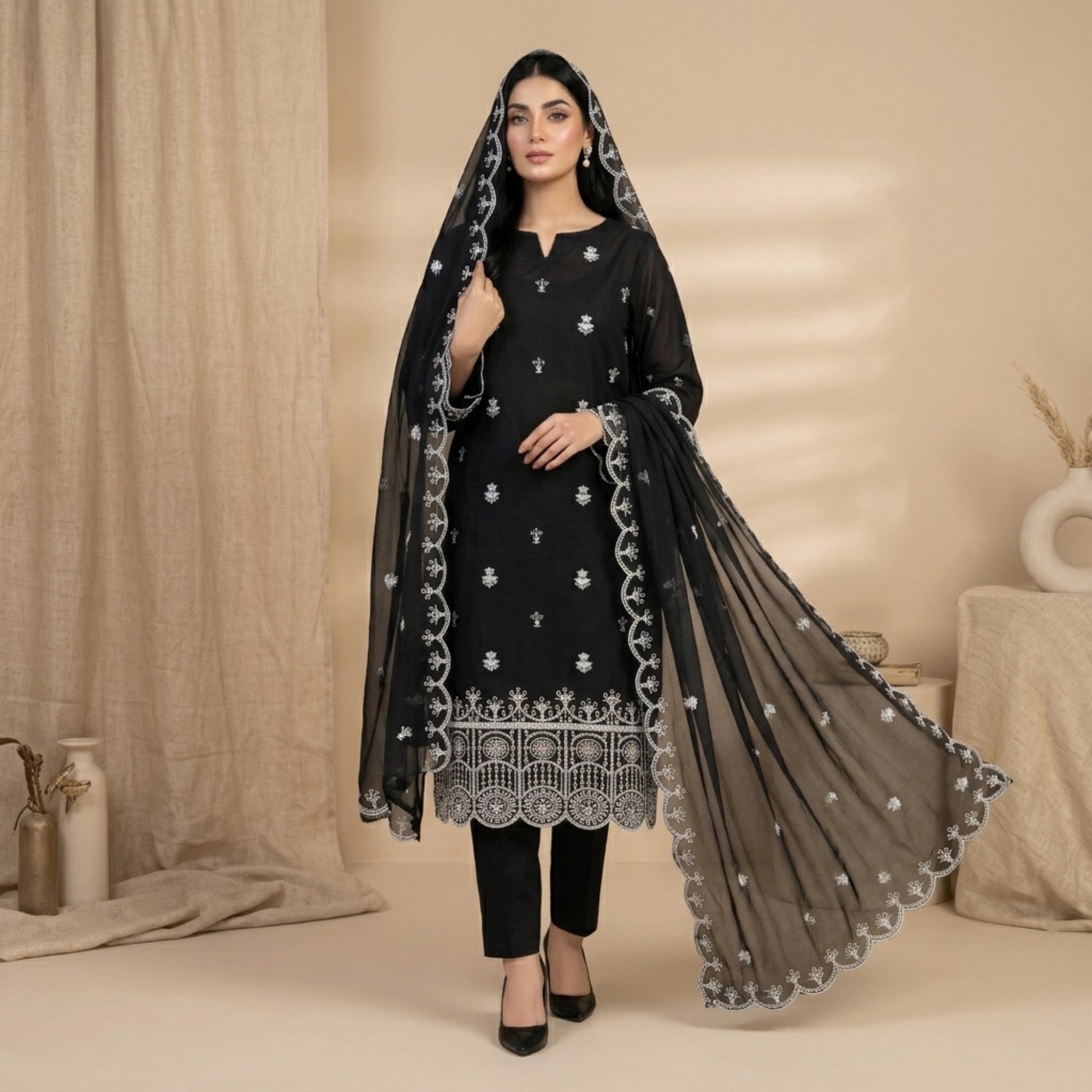 Midnight Noir Elegance Black Embroidered Lawn Suit Chiffon Dupatta – 3 Piece Unstitched