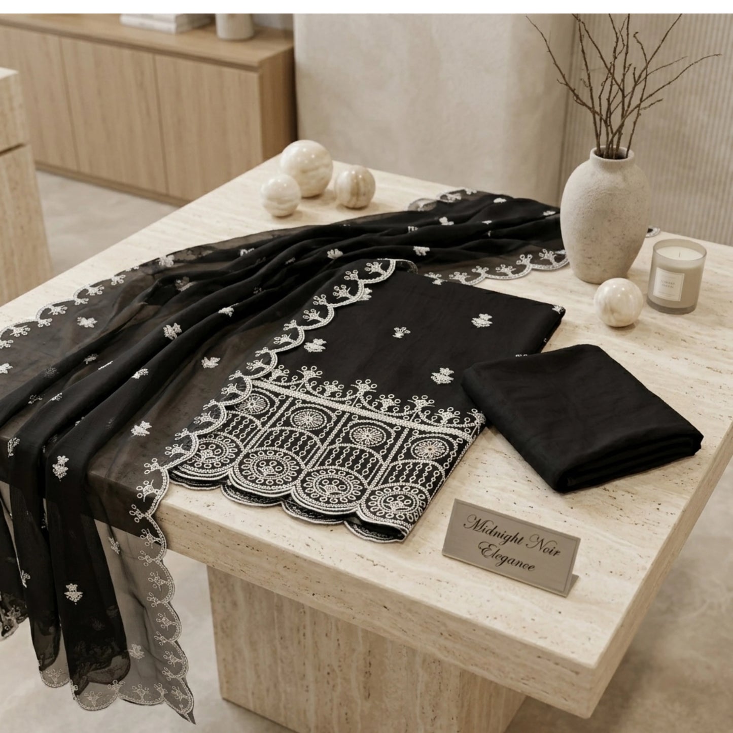 Midnight Noir Elegance Black Embroidered Lawn Suit Chiffon Dupatta – 3 Piece Unstitched