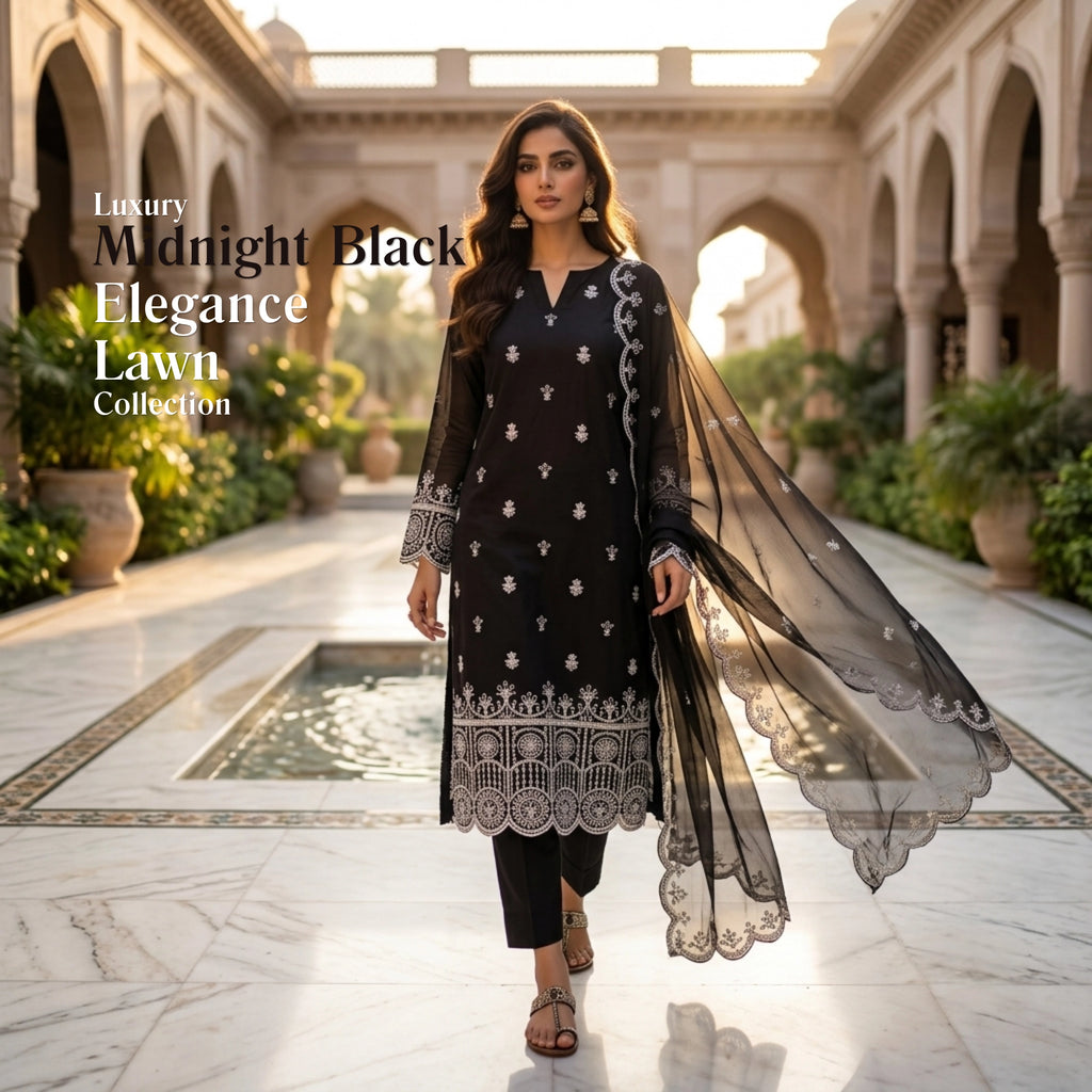 Midnight Noir Elegance Black Embroidered Lawn Suit Chiffon Dupatta – 3 Piece Unstitched