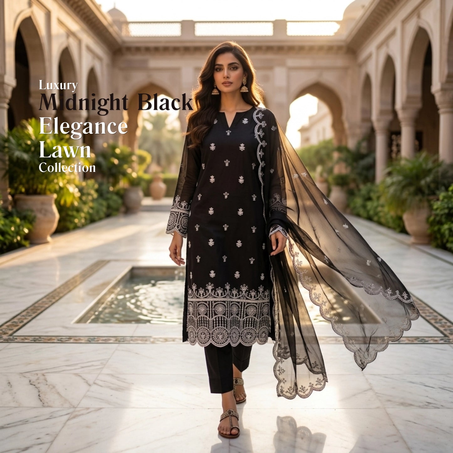 Midnight Noir Elegance Black Embroidered Lawn Suit Chiffon Dupatta – 3 Piece Unstitched