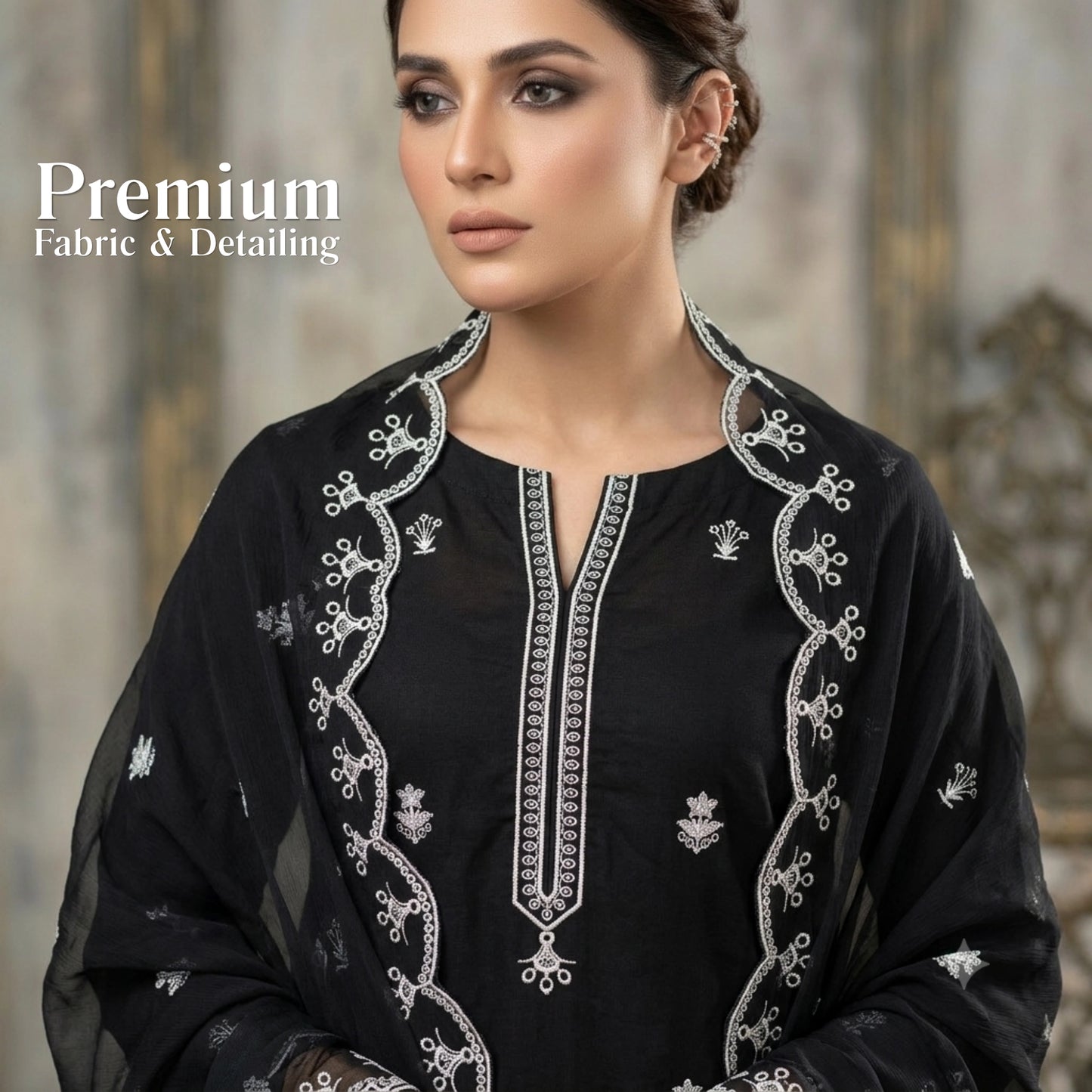 Midnight Noir Elegance Black Embroidered Lawn Suit Chiffon Dupatta – 3 Piece Unstitched