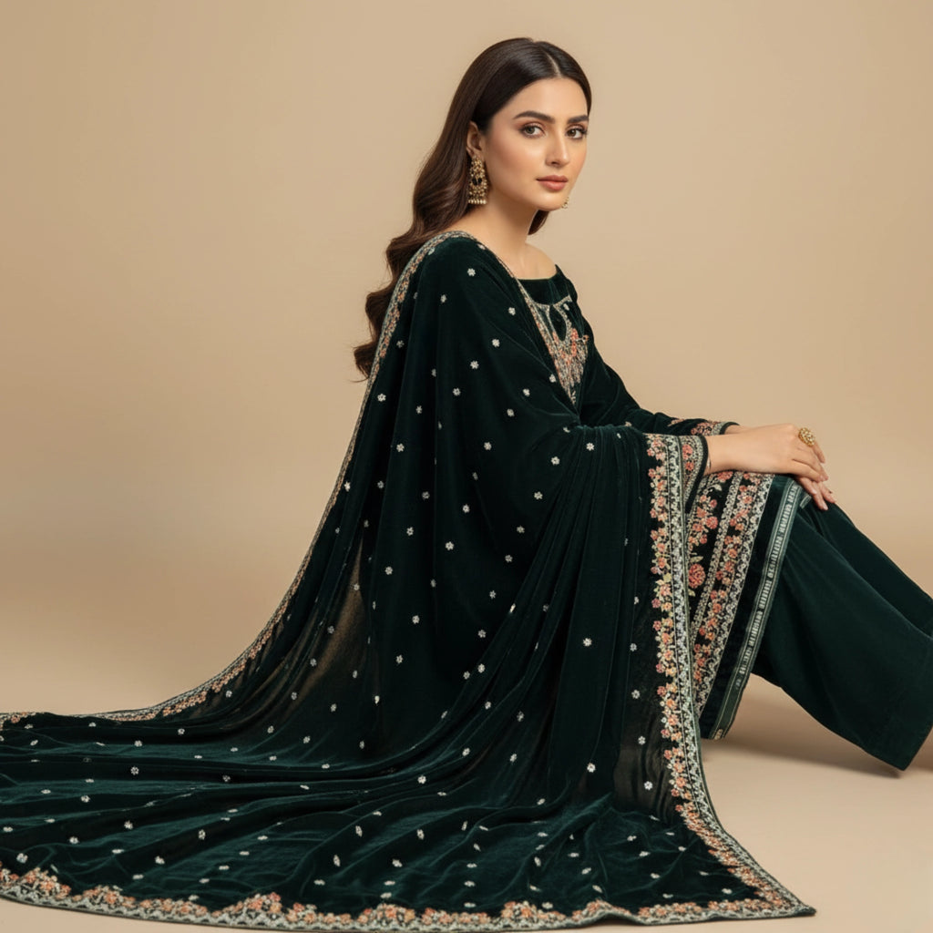 Dark Green Velvet Unstitched Suit 3 Piece Premium