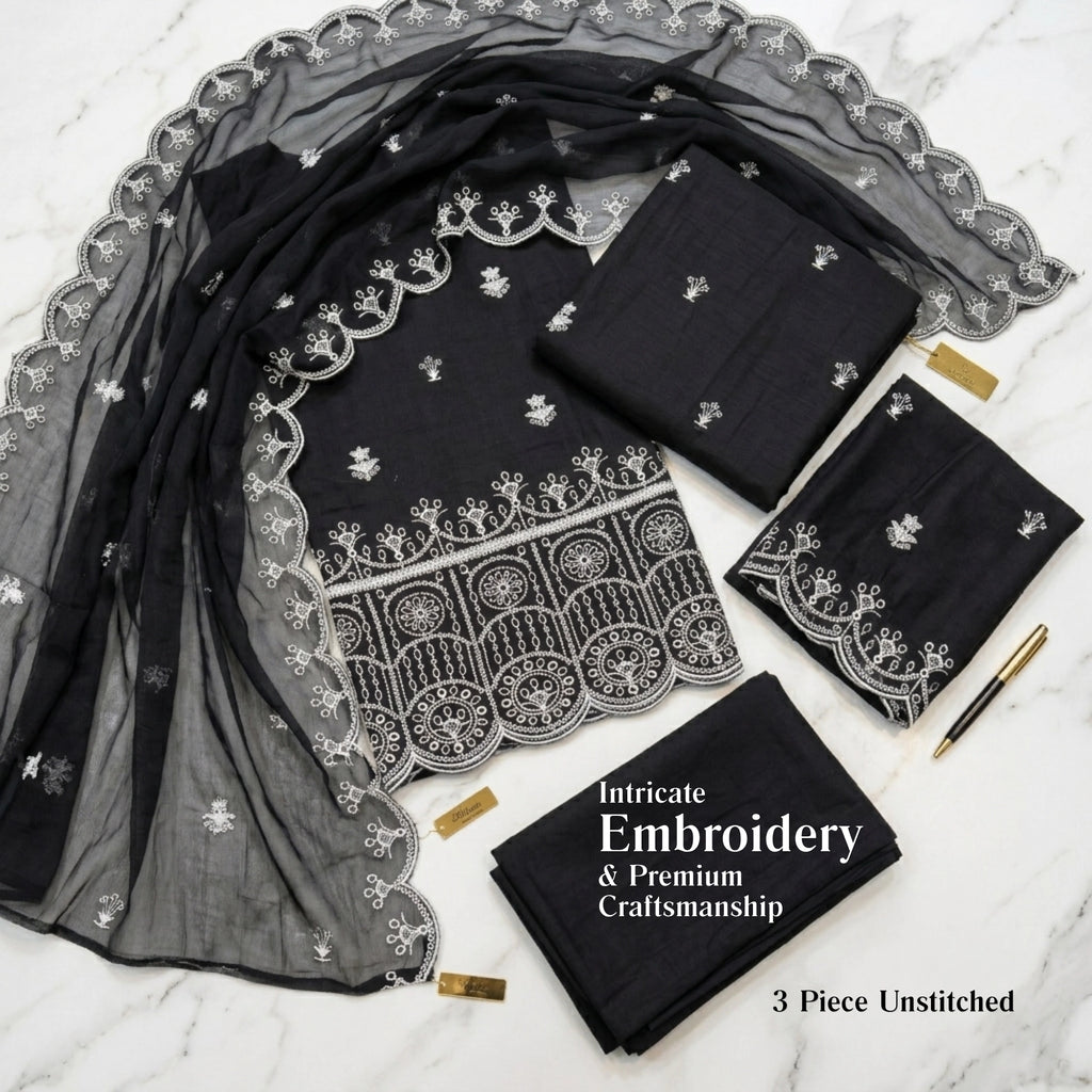 Midnight Noir Elegance Black Embroidered Lawn Suit Chiffon Dupatta – 3 Piece Unstitched