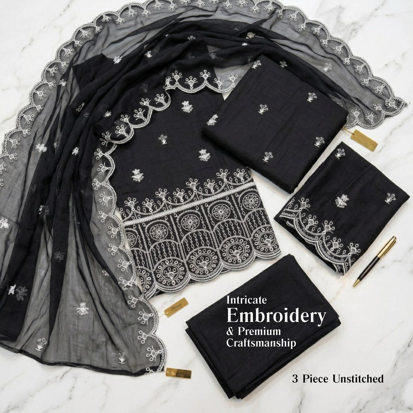 Midnight Noir Elegance Black Embroidered Lawn Suit Chiffon Dupatta – 3 Piece Unstitched