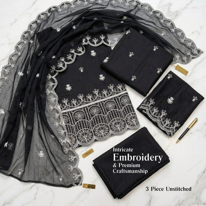 Midnight Noir Elegance Black Embroidered Lawn Suit Chiffon Dupatta – 3 Piece Unstitched