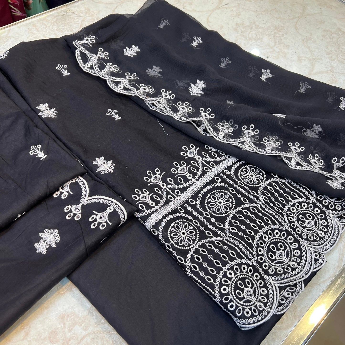 Midnight Noir Elegance Black Embroidered Lawn Suit Chiffon Dupatta – 3 Piece Unstitched