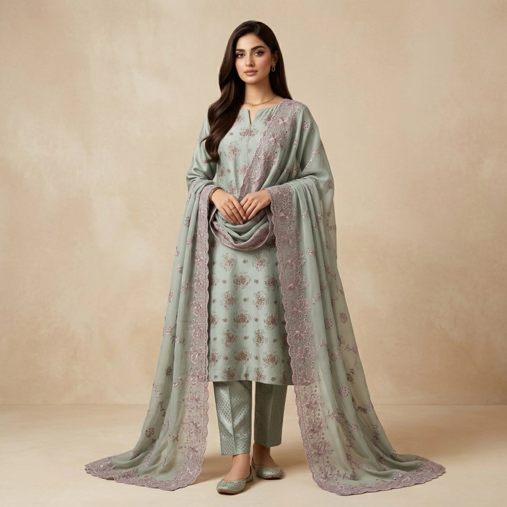 Sage Green Pure China Pati Silk 3p Unstitched Suit Embroidered Dupatta