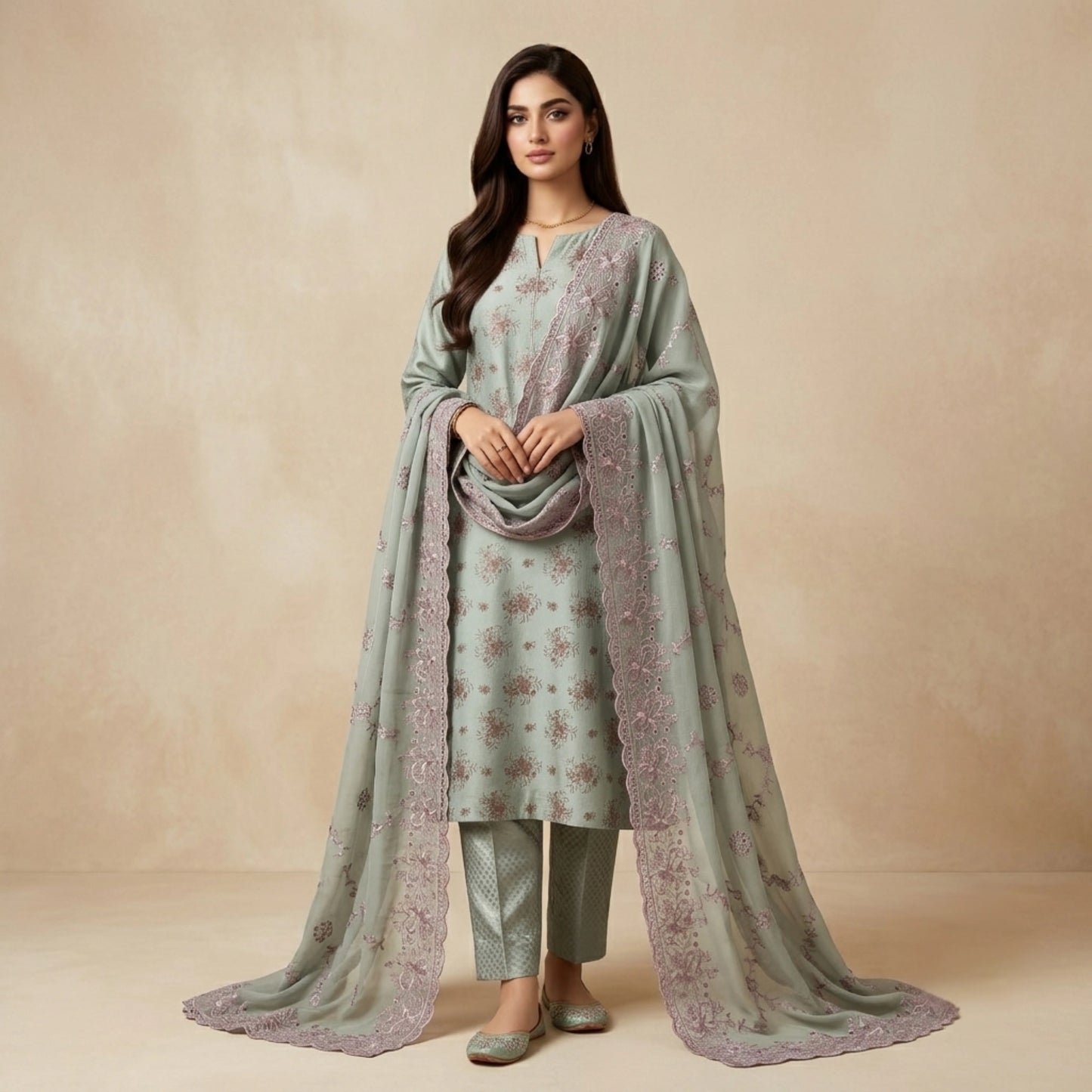 Sage Green Pure China Pati Silk 3p Unstitched Suit Embroidered Dupatta