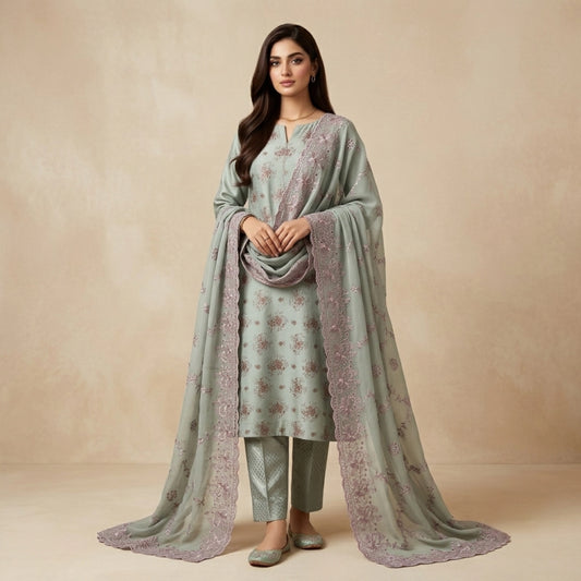 Sage Green Pure China Pati Silk 3p Unstitched Suit Embroidered Dupatta