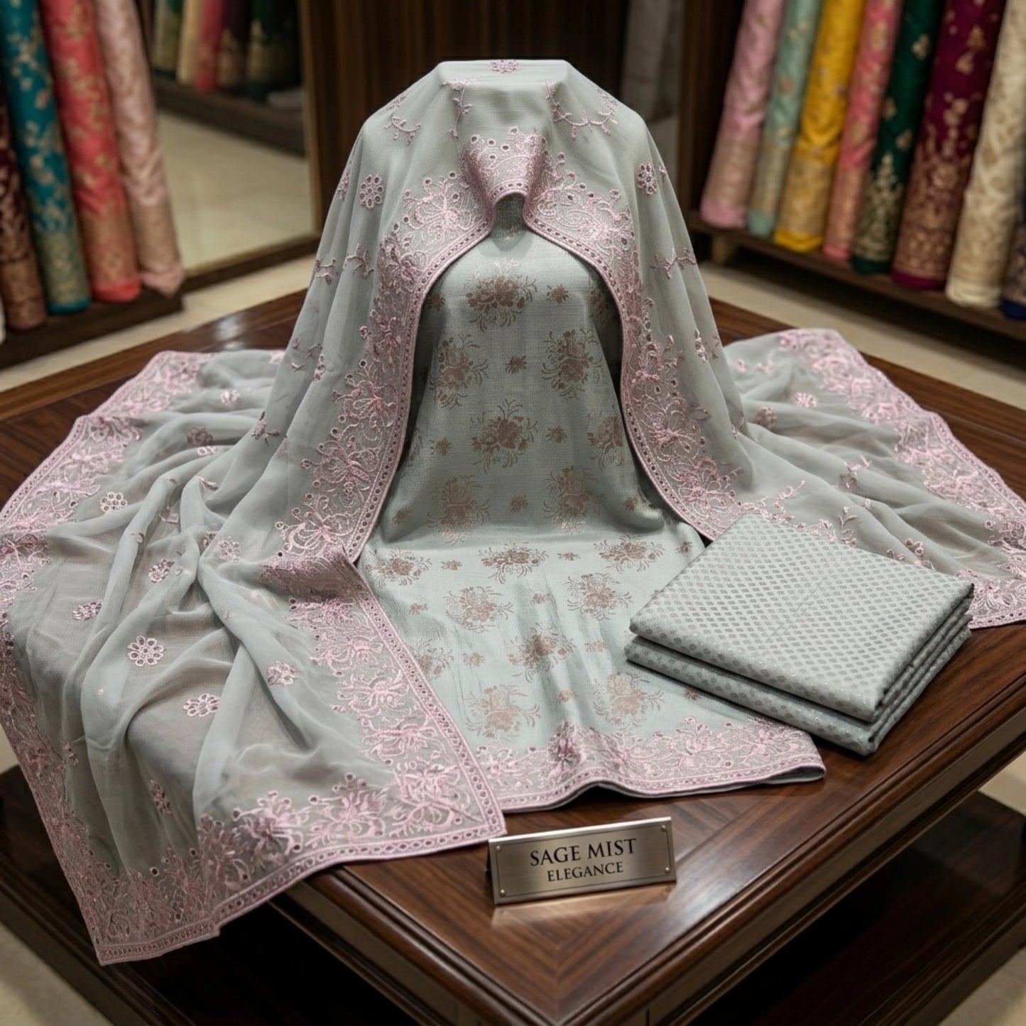 Sage Green Pure China Pati Silk 3p Unstitched Suit Embroidered Dupatta