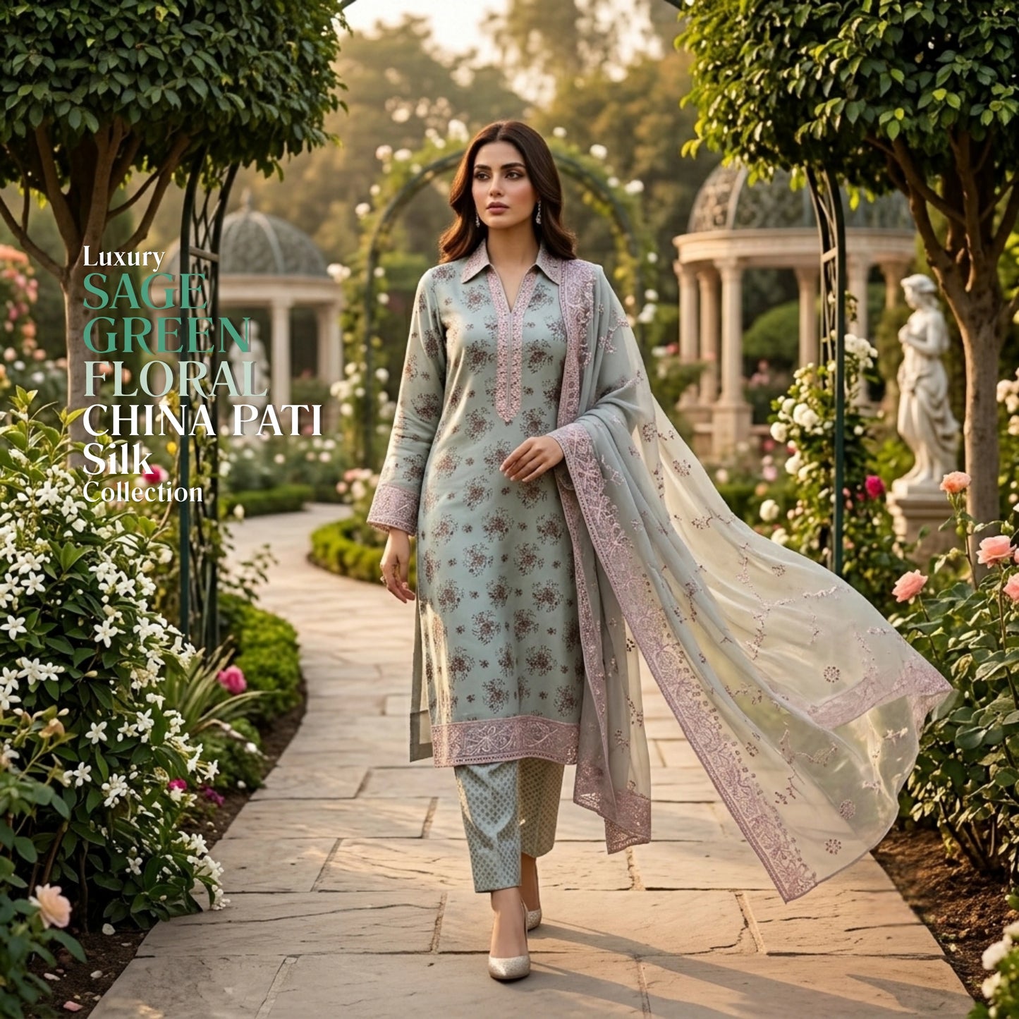 Sage Green Pure China Pati Silk 3p Unstitched Suit Embroidered Dupatta