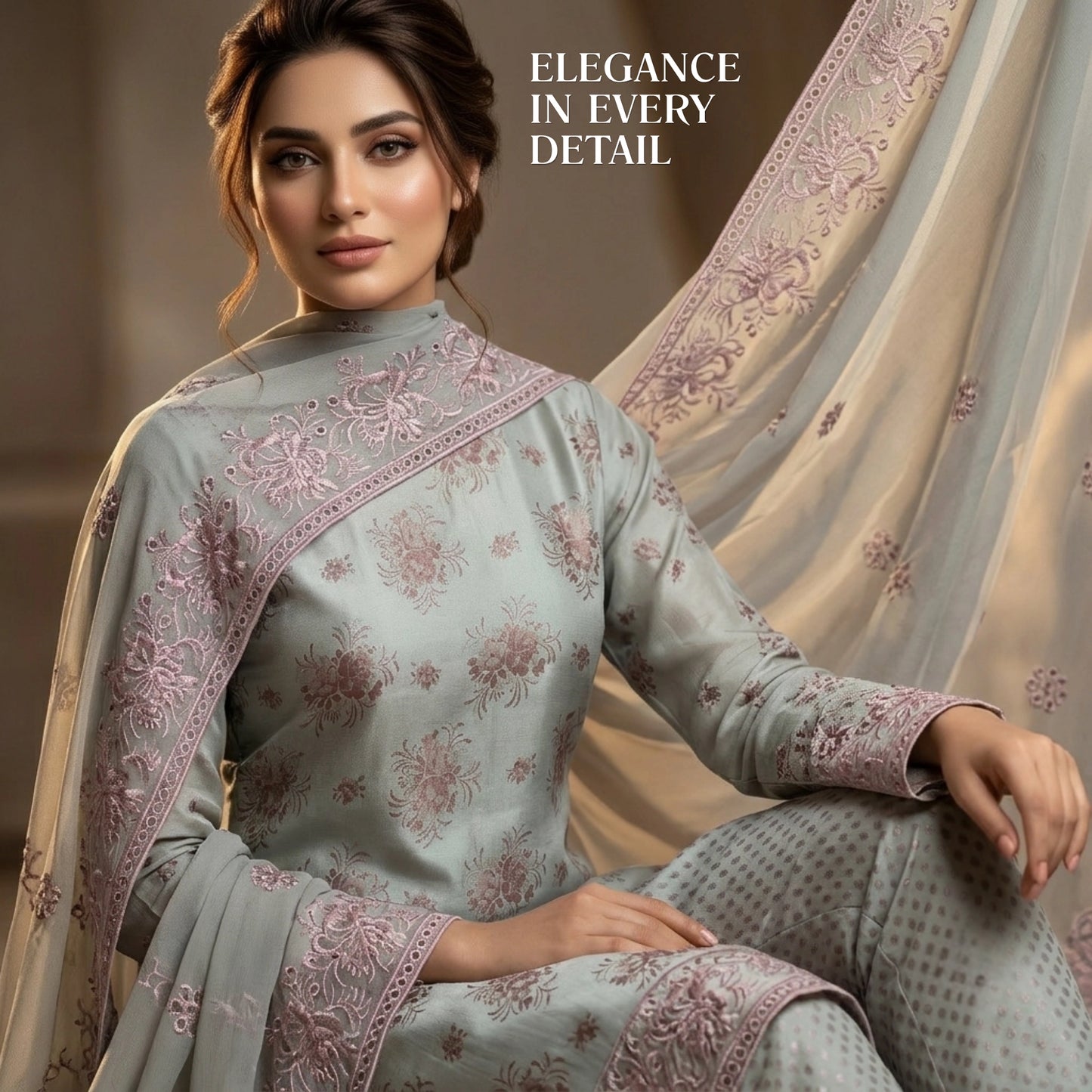 Sage Green Pure China Pati Silk 3p Unstitched Suit Embroidered Dupatta
