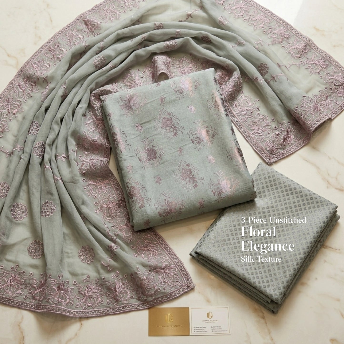 Sage Green Pure China Pati Silk 3p Unstitched Suit Embroidered Dupatta