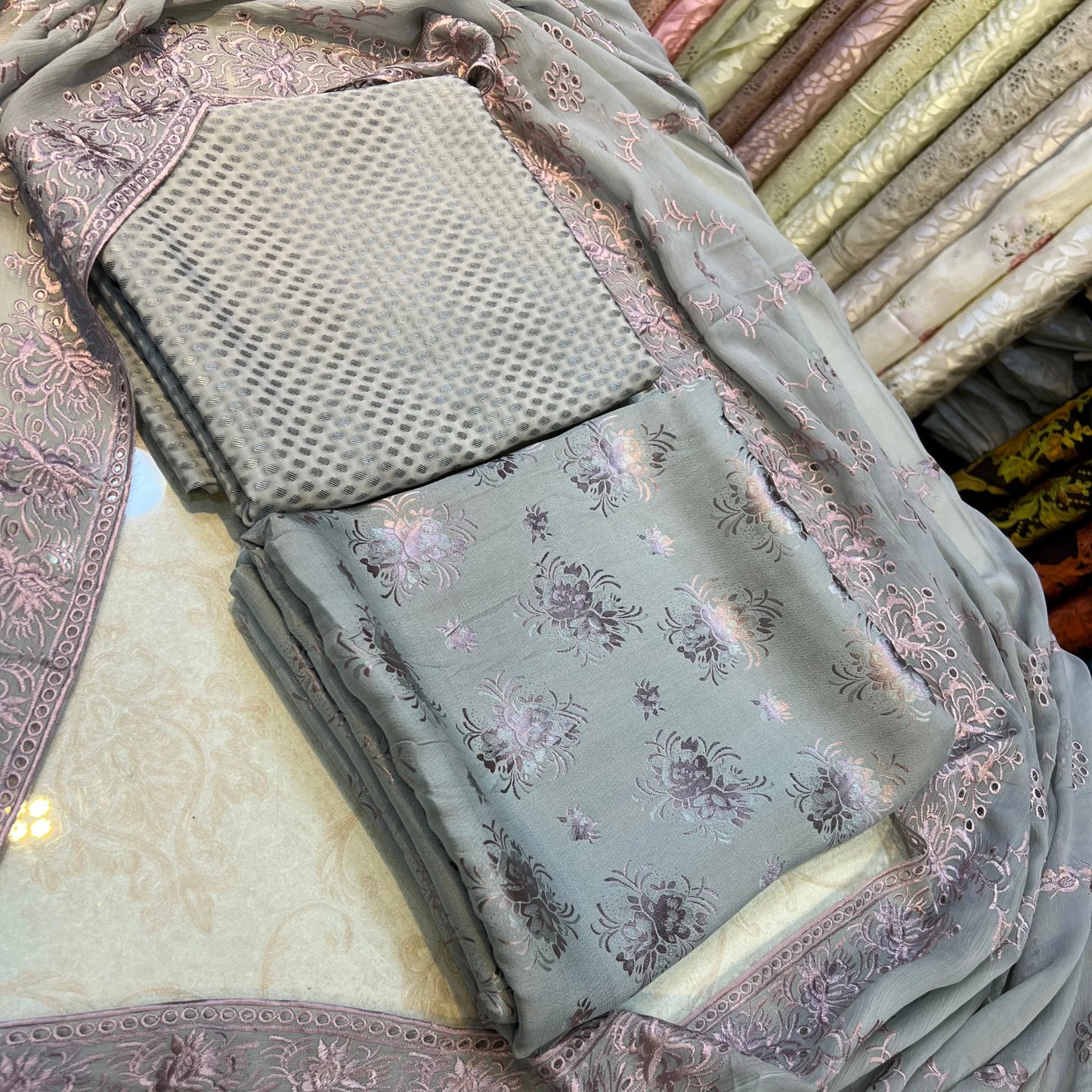 Sage Green Pure China Pati Silk 3p Unstitched Suit Embroidered Dupatta