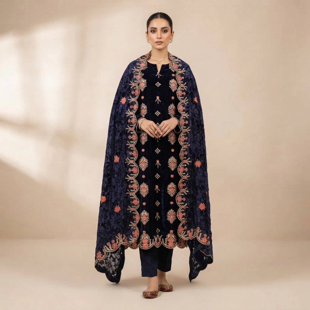 Midnight Navy Embroidered Velvet 3 Piece Unstitched Suit