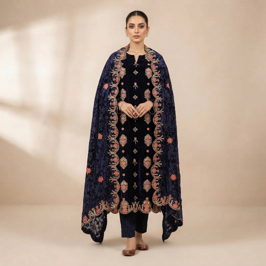 Midnight Navy Embroidered Velvet 3 Piece Unstitched Suit