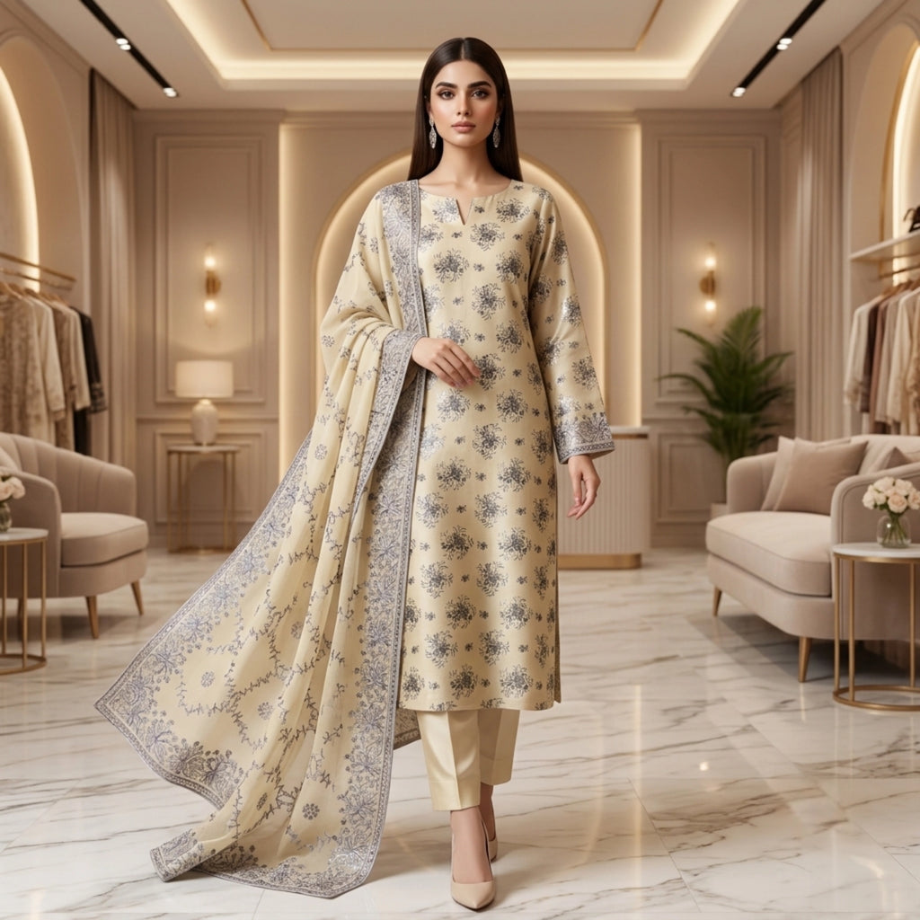 Buttercream Floral Pure China Pati Silk 3 Piece Unstitched Suit