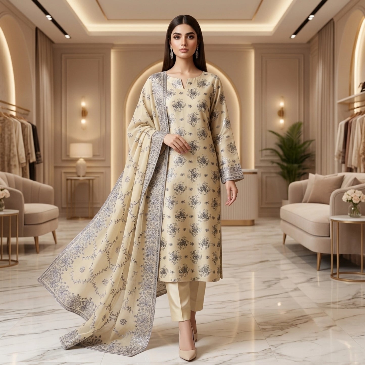 Buttercream Floral Pure China Pati Silk 3 Piece Unstitched Suit