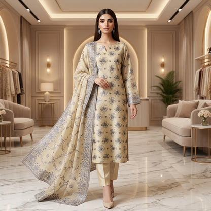 Buttercream Floral Pure China Pati Silk 3 Piece Unstitched Suit