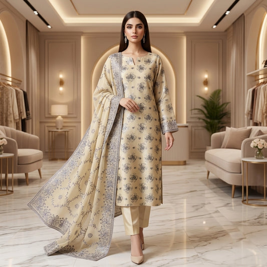 Buttercream Floral Pure China Pati Silk 3 Piece Unstitched Suit