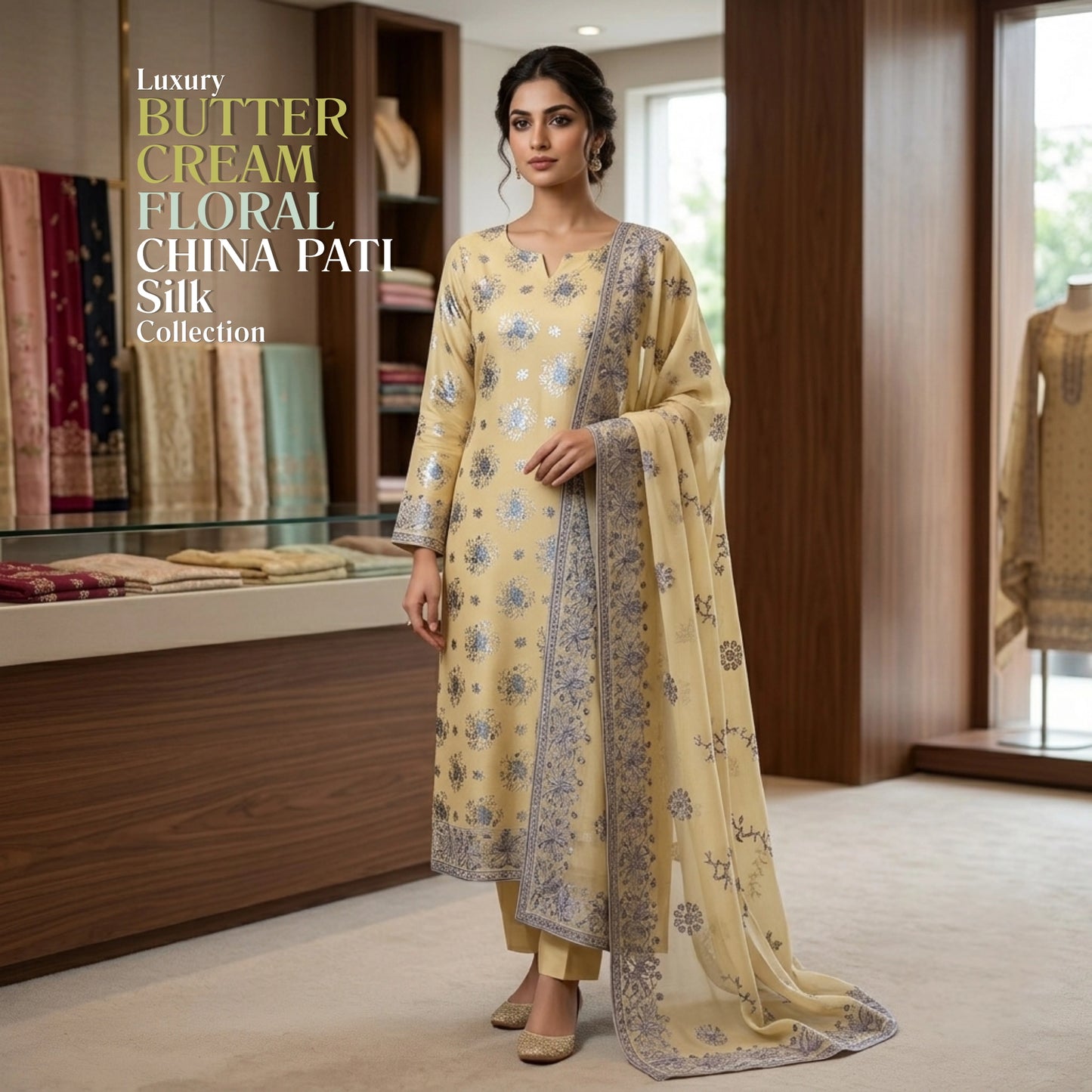 Buttercream Floral Pure China Pati Silk 3 Piece Unstitched Suit