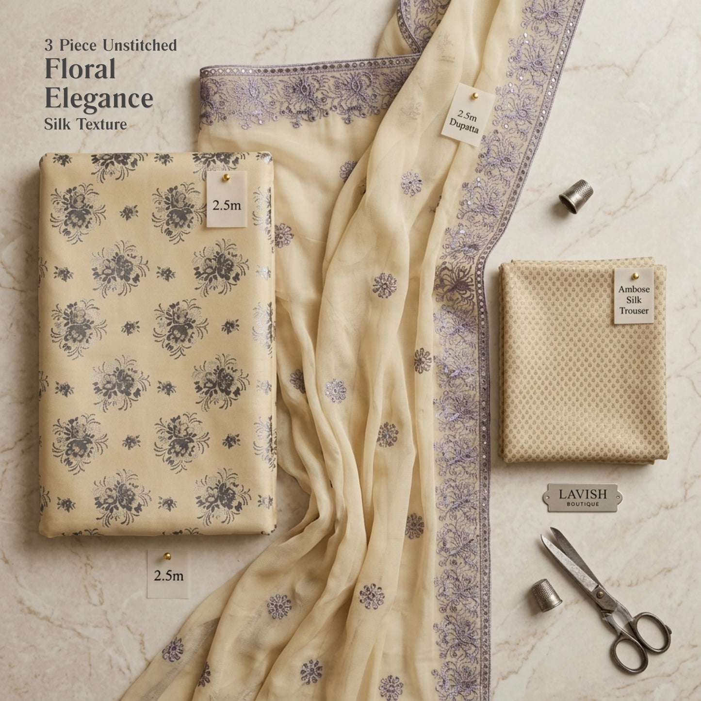 Buttercream Floral Pure China Pati Silk 3 Piece Unstitched Suit