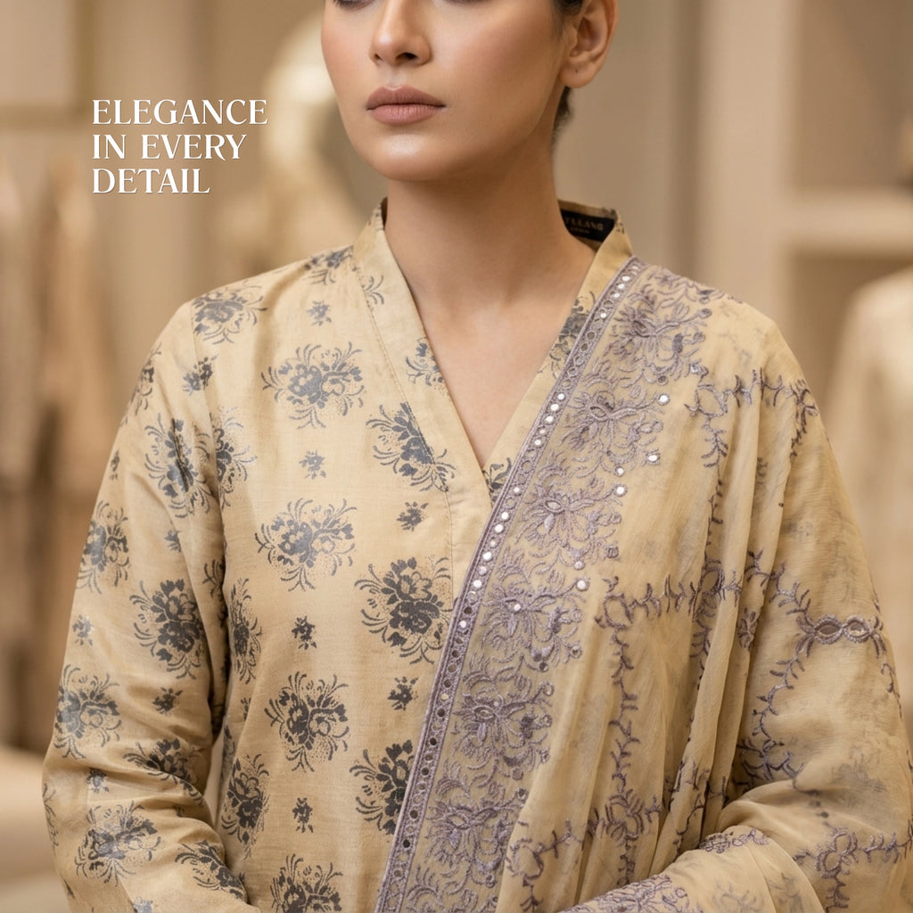 Buttercream Floral Pure China Pati Silk 3 Piece Unstitched Suit