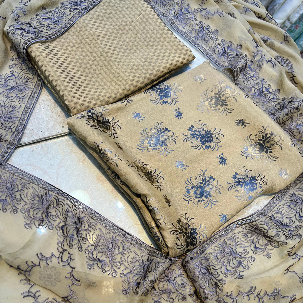 Buttercream Floral Pure China Pati Silk 3 Piece Unstitched Suit