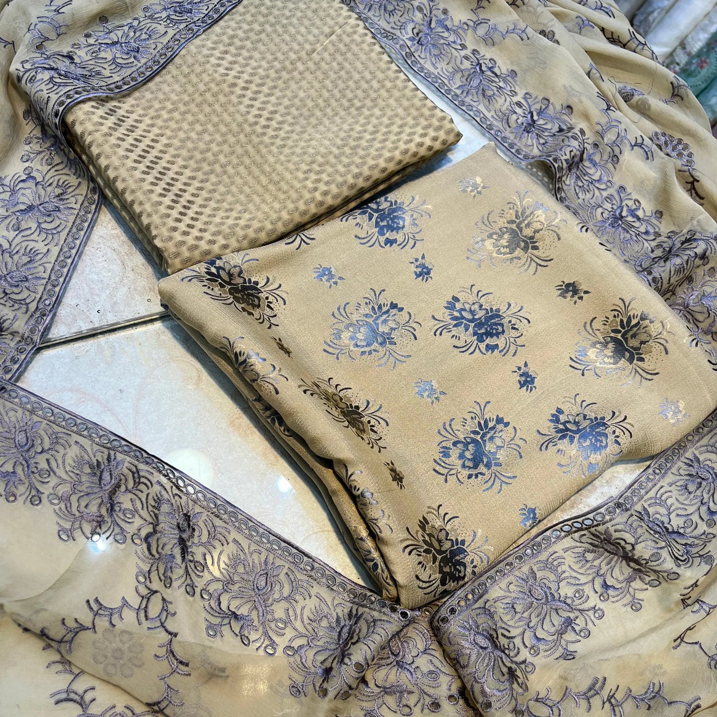 Buttercream Floral Pure China Pati Silk 3 Piece Unstitched Suit