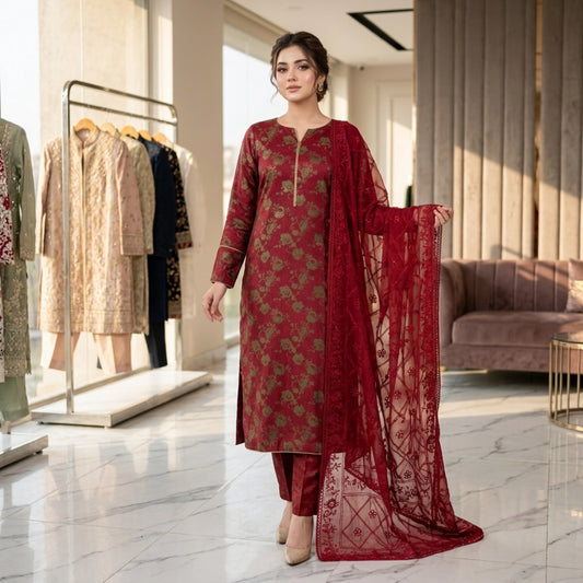 Ruby Royale Pure China Pati Silk 3 Piece Unstitched Suit