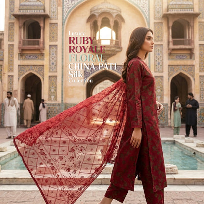 Ruby Royale Pure China Pati Silk 3 Piece Unstitched Suit