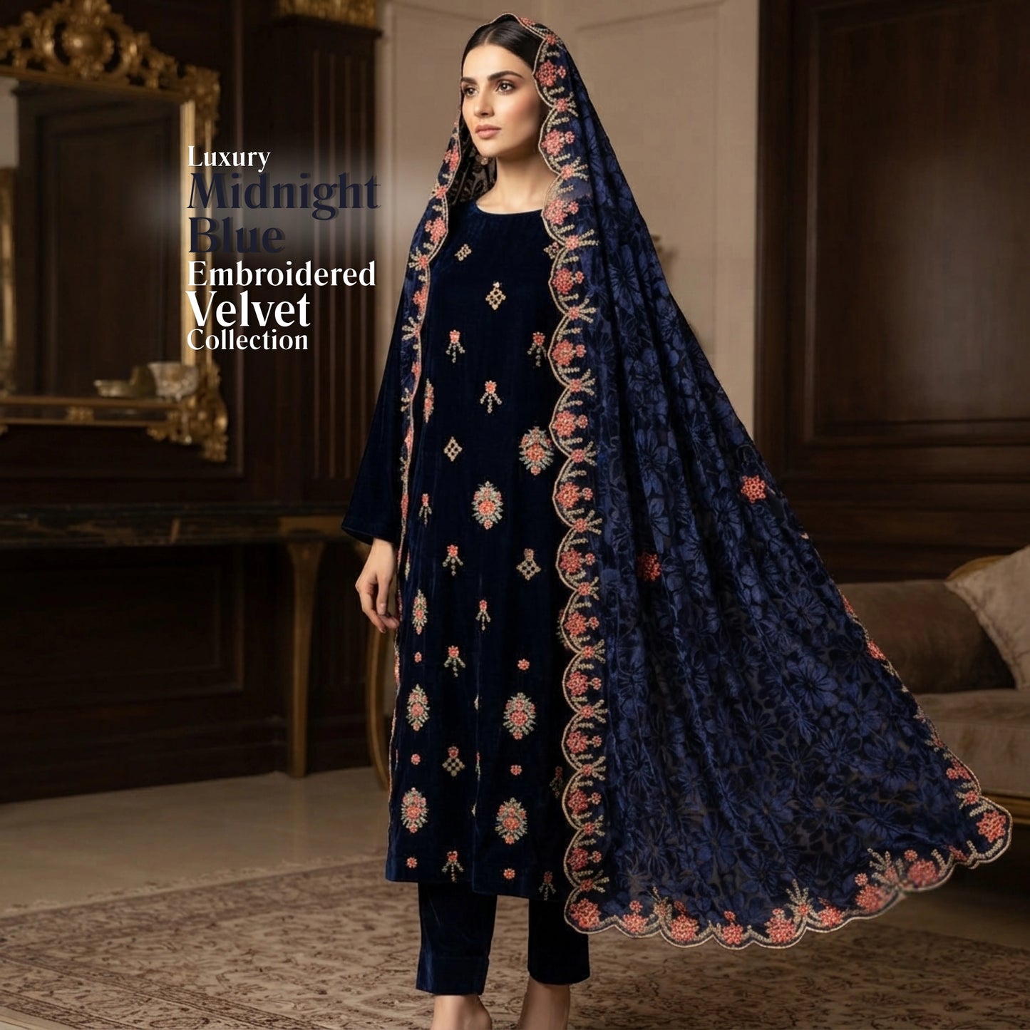 Midnight Navy Embroidered Velvet 3 Piece Unstitched Suit