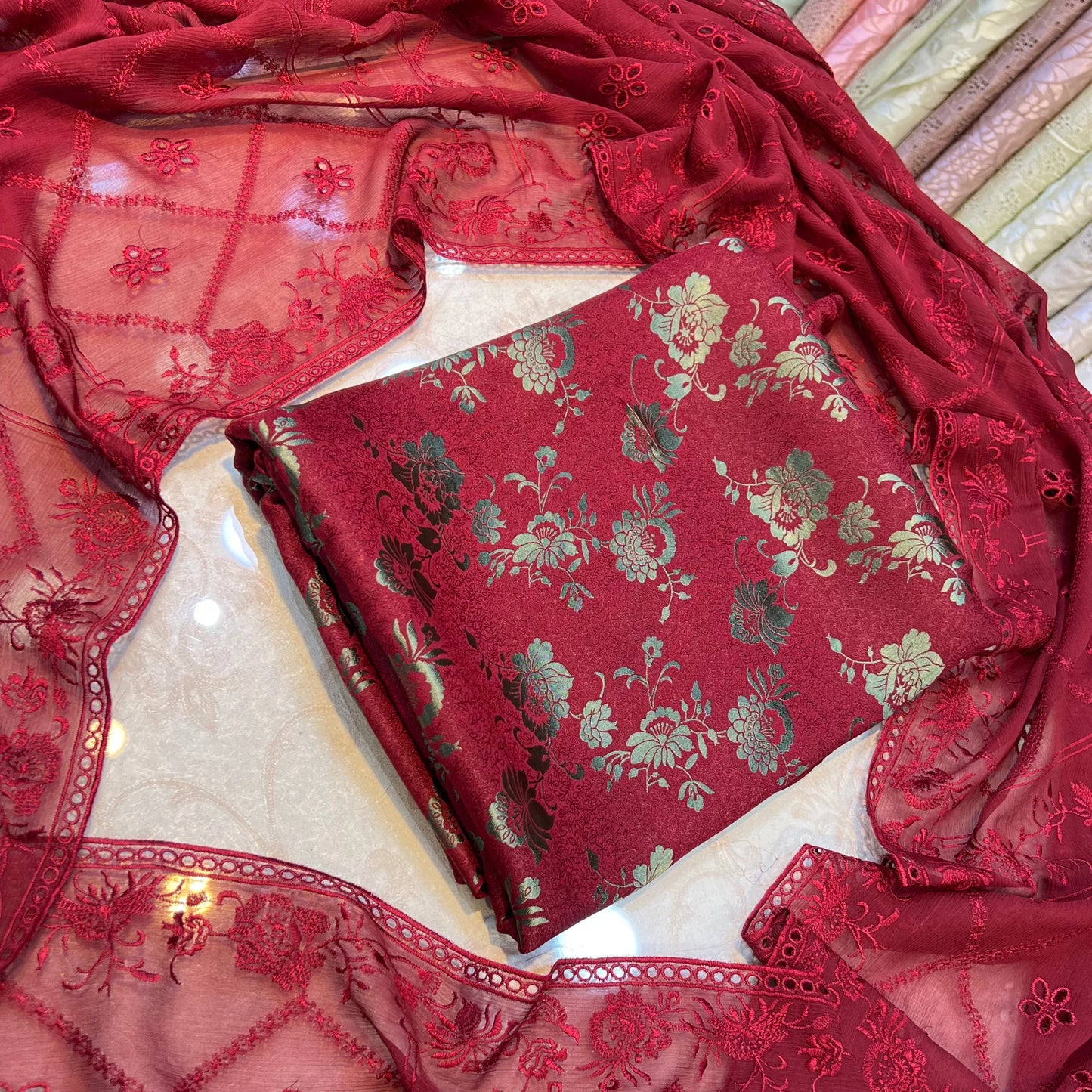 Ruby Royale Pure China Pati Silk 3 Piece Unstitched Suit