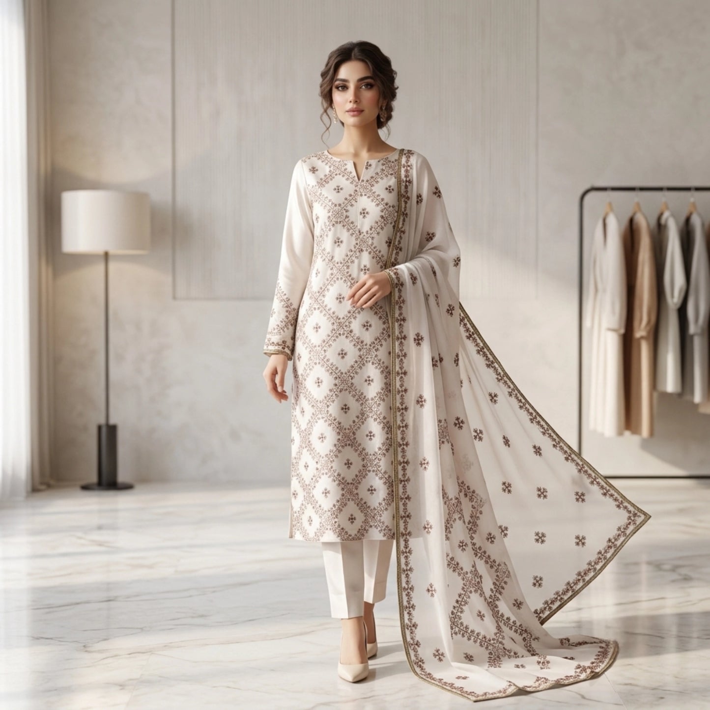 Ivory Blossom Ambose Silk 3 Piece Unstitched Suit