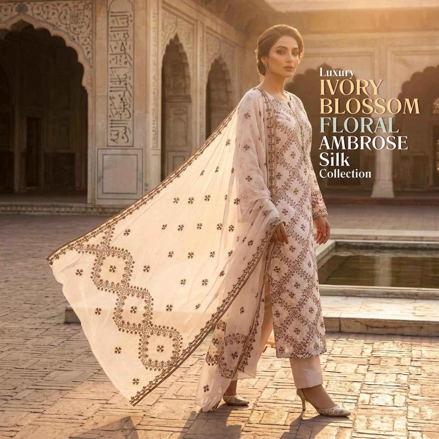 Ivory Blossom Ambose Silk 3 Piece Unstitched Suit