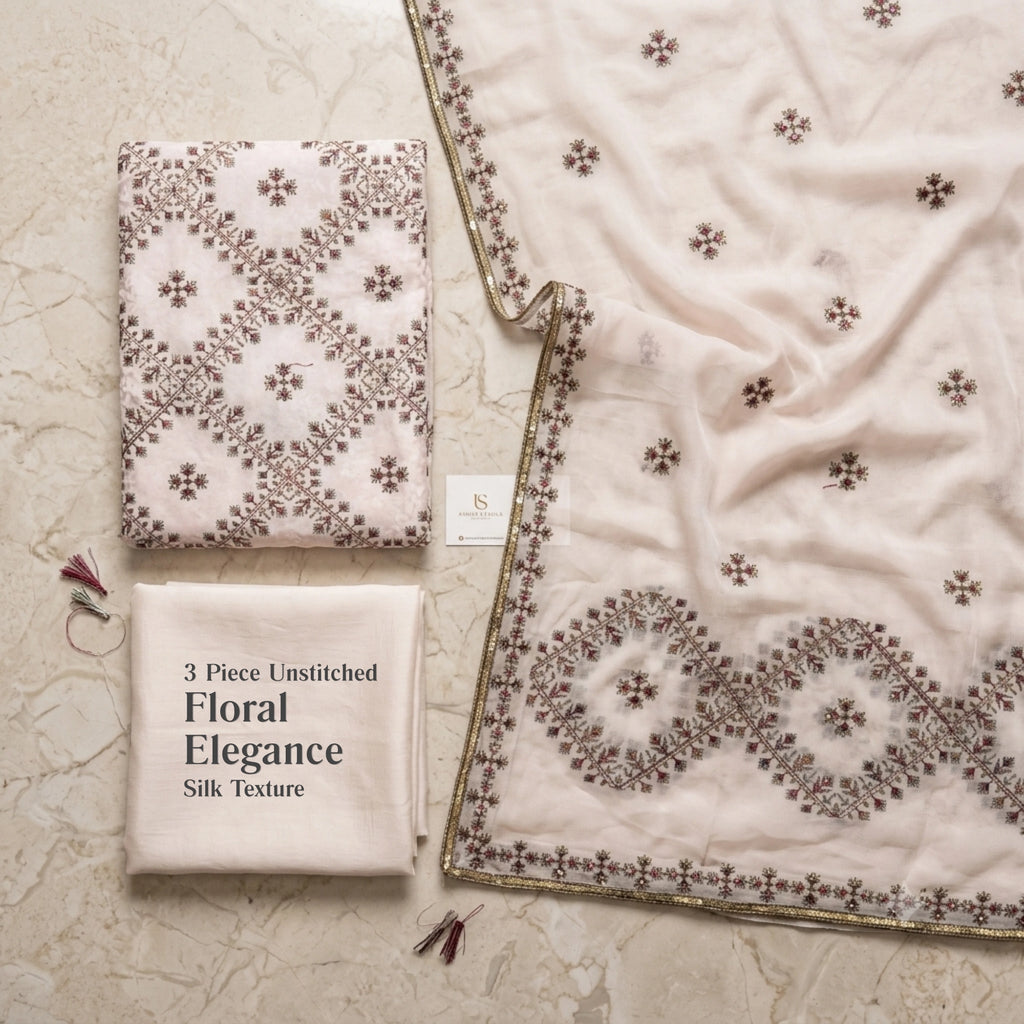Ivory Blossom Ambose Silk 3 Piece Unstitched Suit