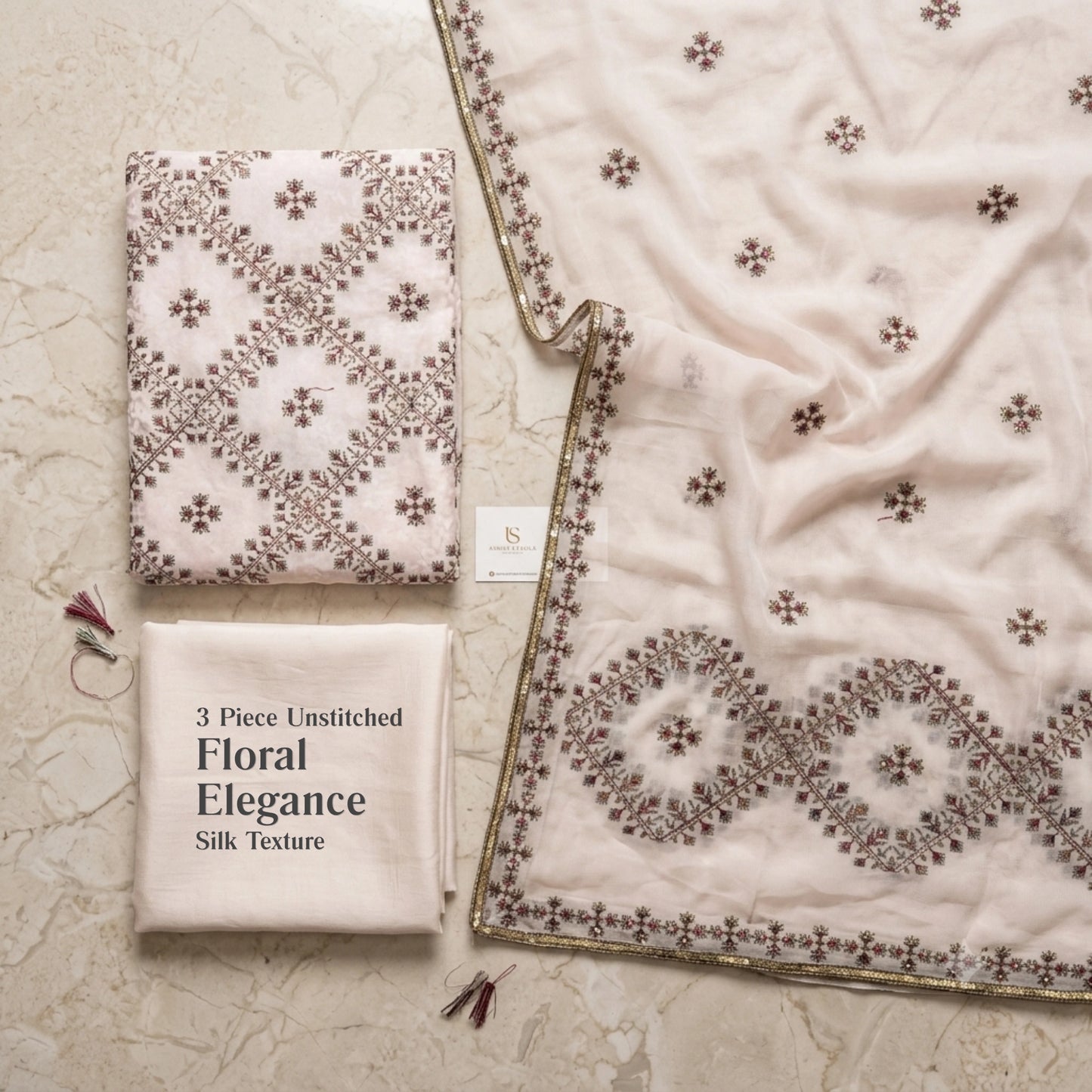 Ivory Blossom Ambose Silk 3 Piece Unstitched Suit