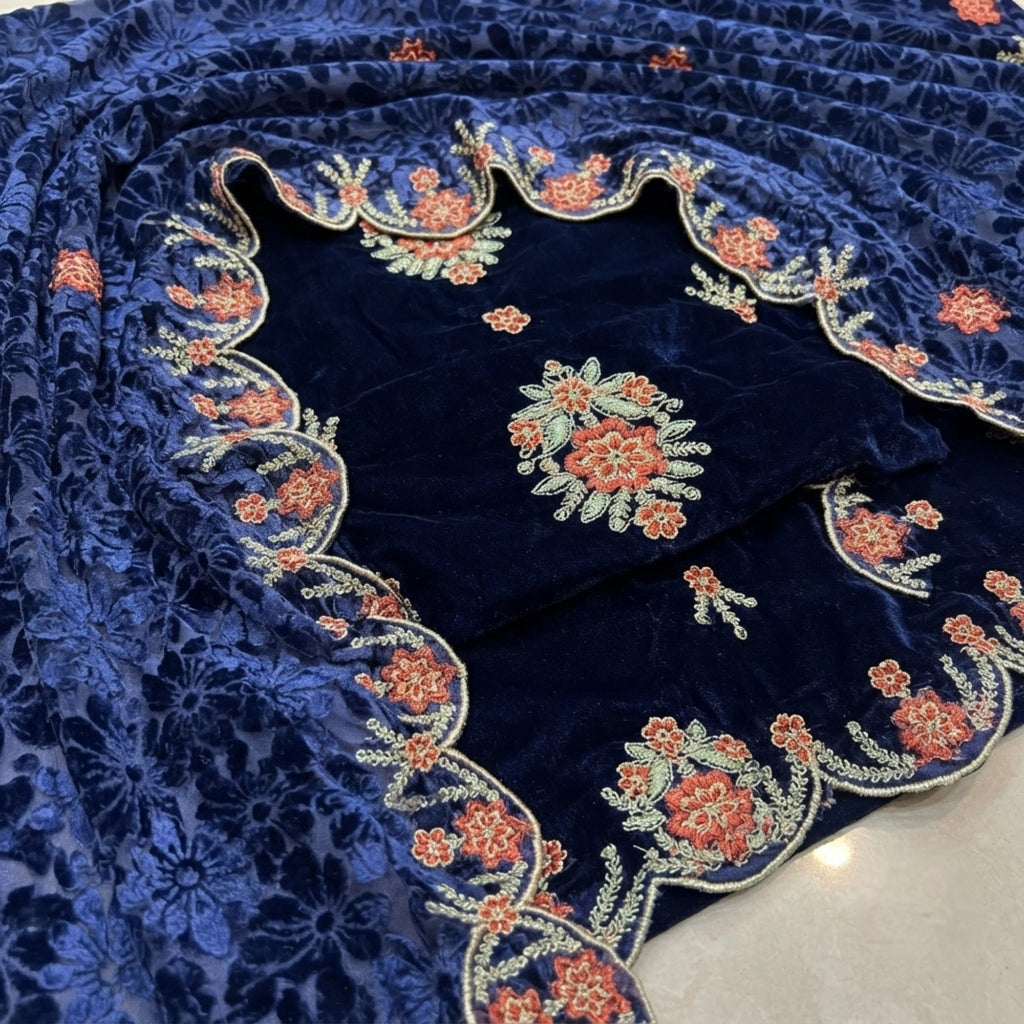 Midnight Navy Embroidered Velvet 3 Piece Unstitched Suit