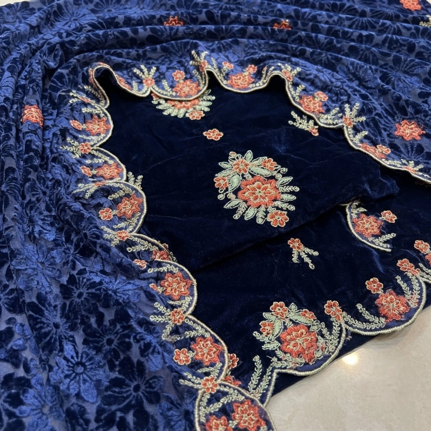 Midnight Navy Embroidered Velvet 3 Piece Unstitched Suit