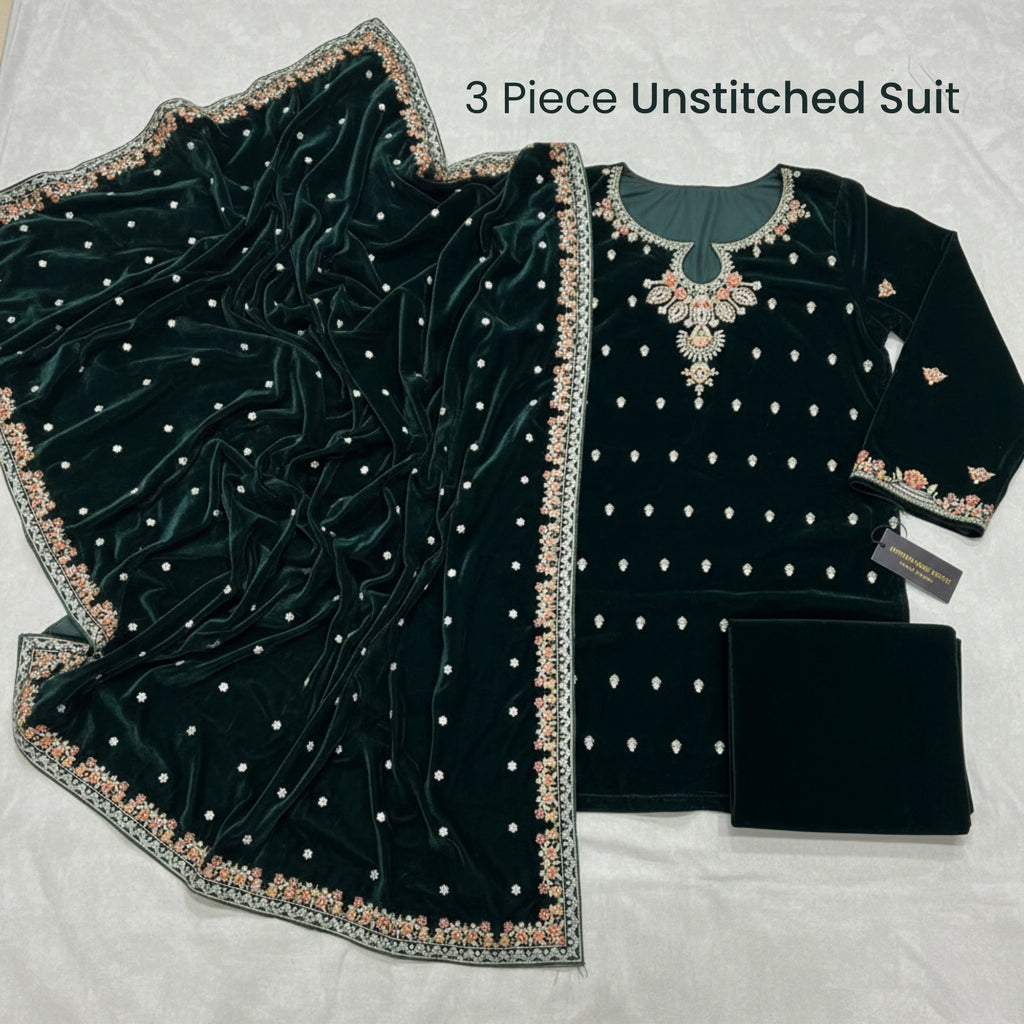 Dark Green Velvet Unstitched Suit 3 Piece Premium