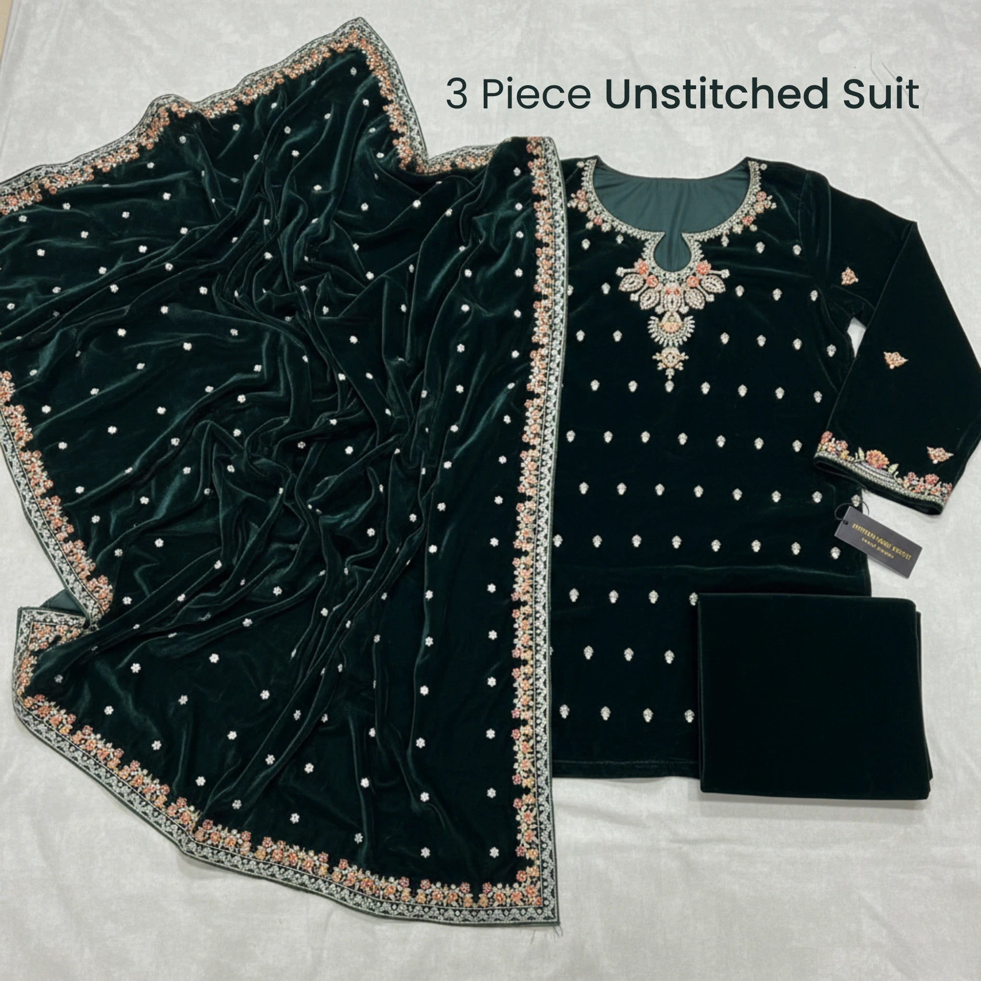 Dark Green Velvet Unstitched Suit 3 Piece Premium