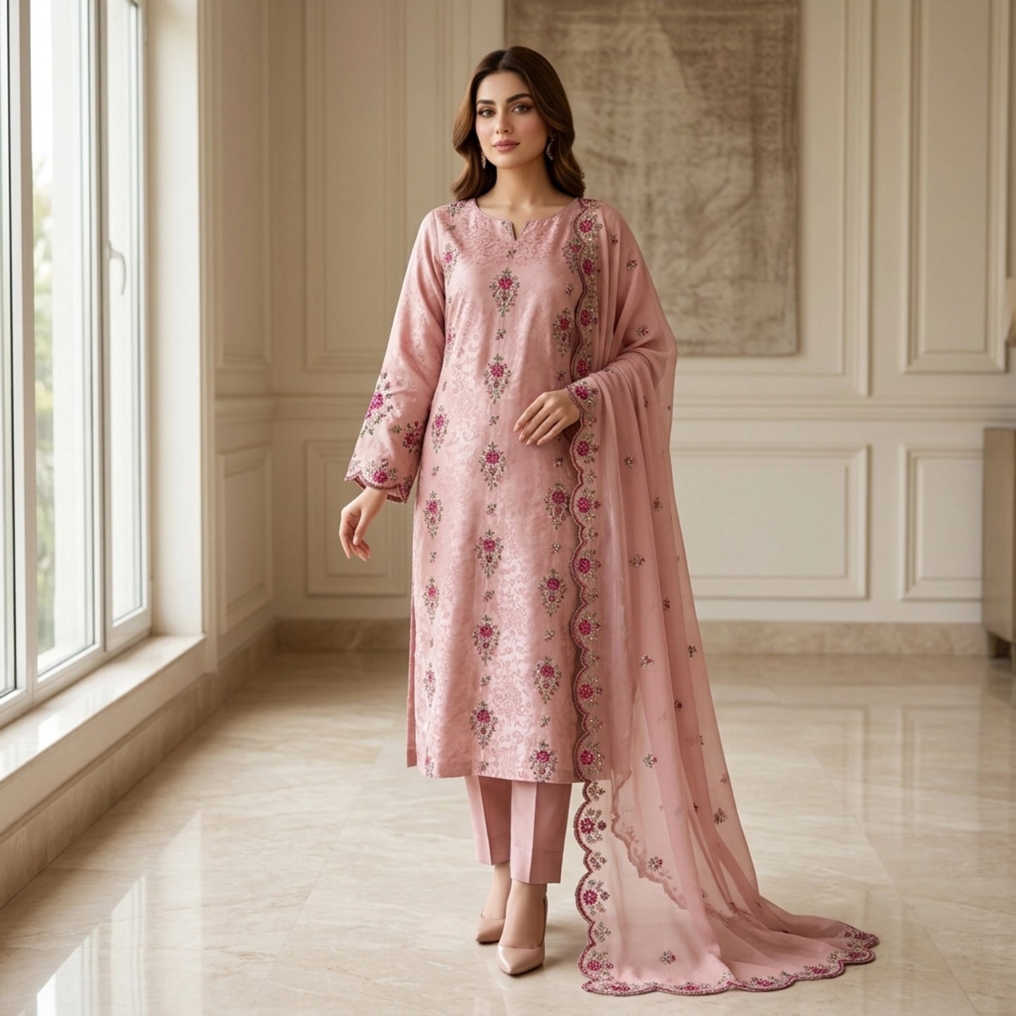 Rosewood Blush Luxury 3 Piece Unstitched Ambose Silk Suit