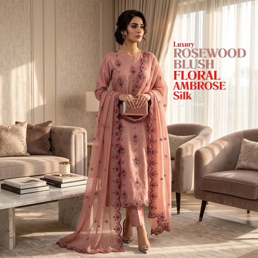 Rosewood Blush Luxury 3 Piece Unstitched Ambose Silk Suit