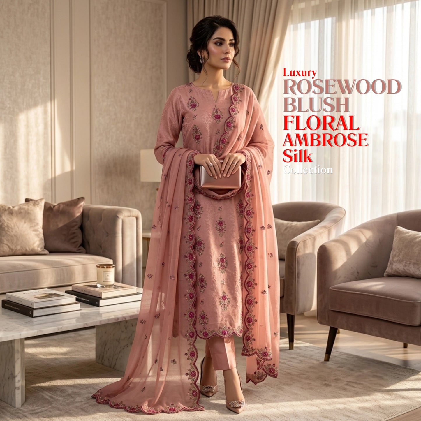 Rosewood Blush Luxury 3 Piece Unstitched Ambose Silk Suit