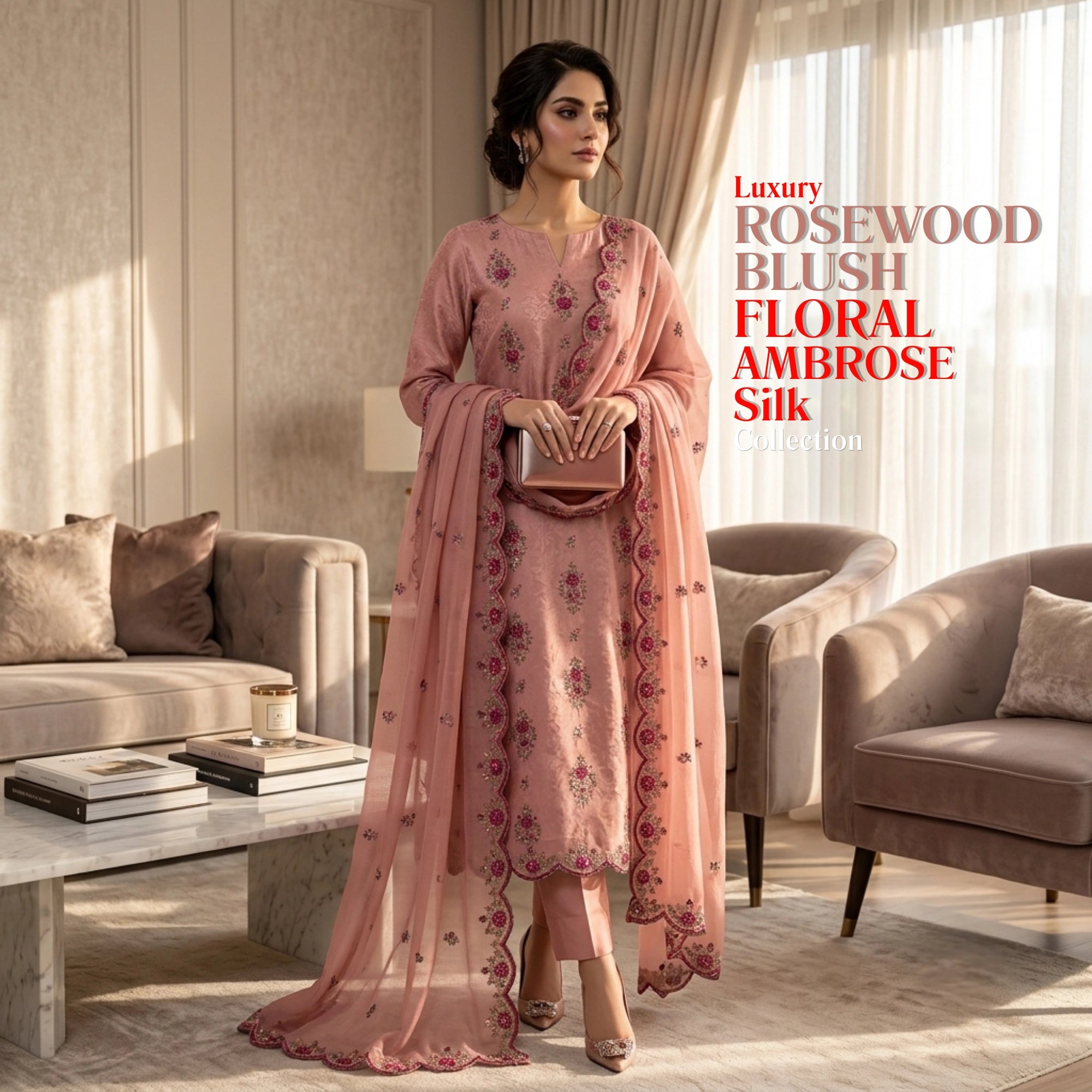 Rosewood Blush Luxury 3 Piece Unstitched Ambose Silk Suit