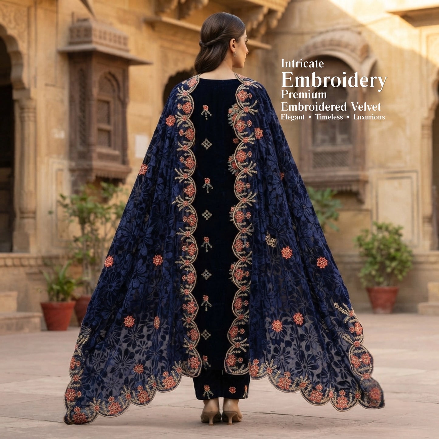 Midnight Navy Embroidered Velvet 3 Piece Unstitched Suit